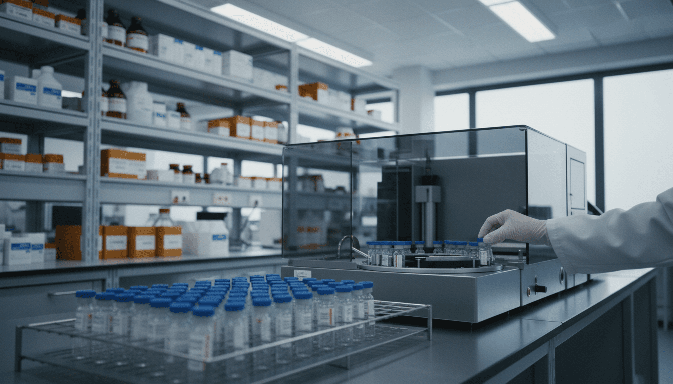 Rows of HPLC vials lined up on a laboratory bench