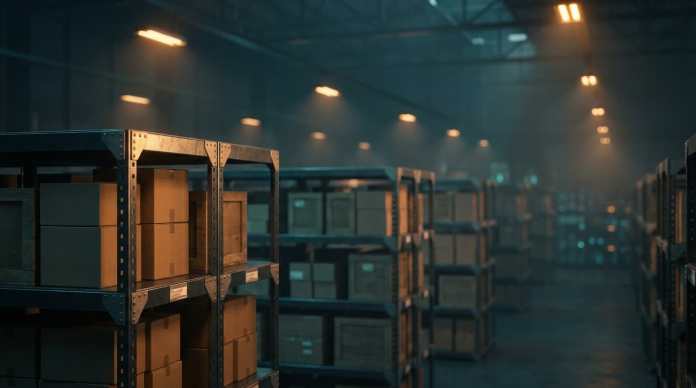 Warehouse pallet stacked with cases of amber glass vials