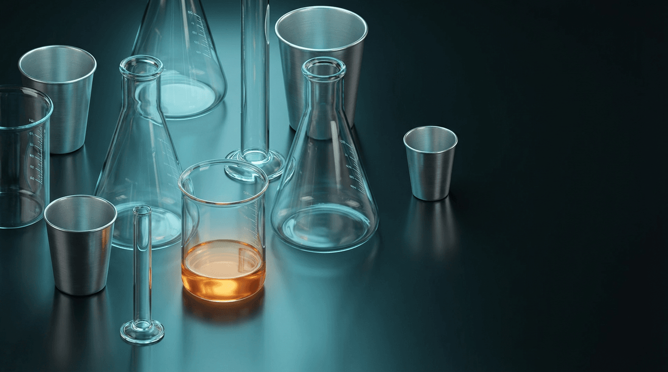 HPLC glass vials seated in a stainless steel autosampler tray under lab lighting