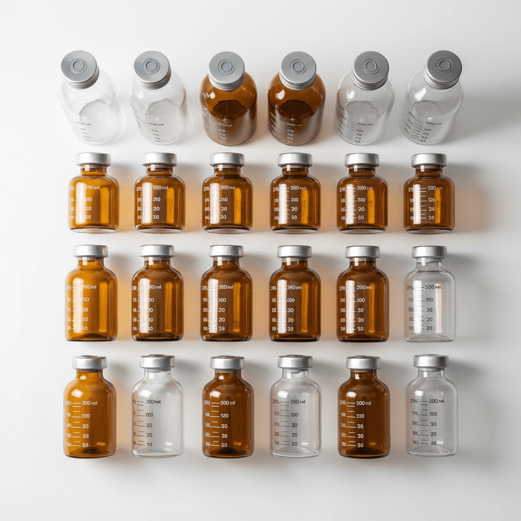 4ml and 12ml screw thread glass vials with caps on a lab bench