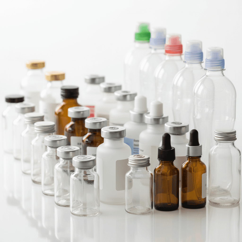 ND18 and ND20 20ml wide mouth crimp vials with caps in a tray