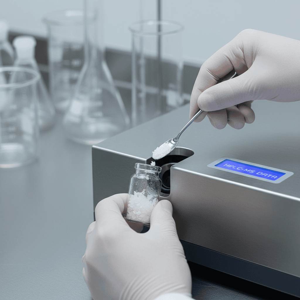 Lab technician checking HPLC vials and caps before shipment